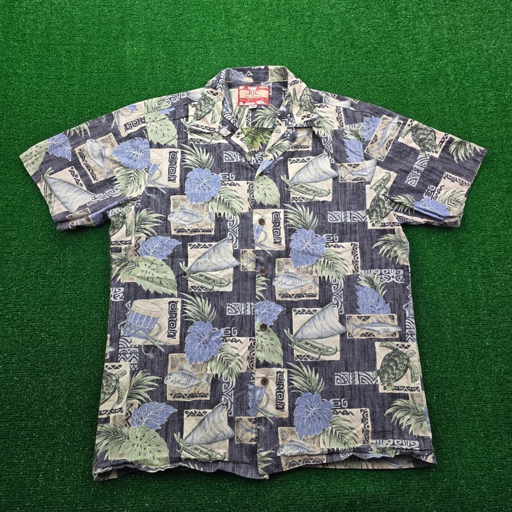 RJC Hawaiian Shirt Mens Medium Sea Turtle Fish Sailboat Aloha Made in Hawaii USA